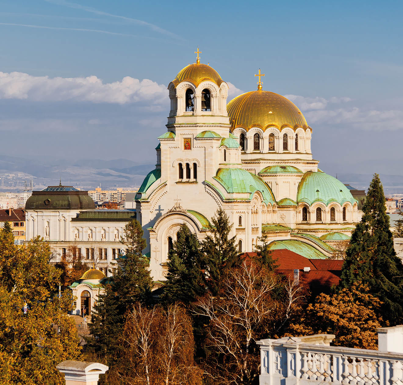 A view of golden domes st. Aleksander Nevski cathedral and downtown Sofia, Bulgaria
