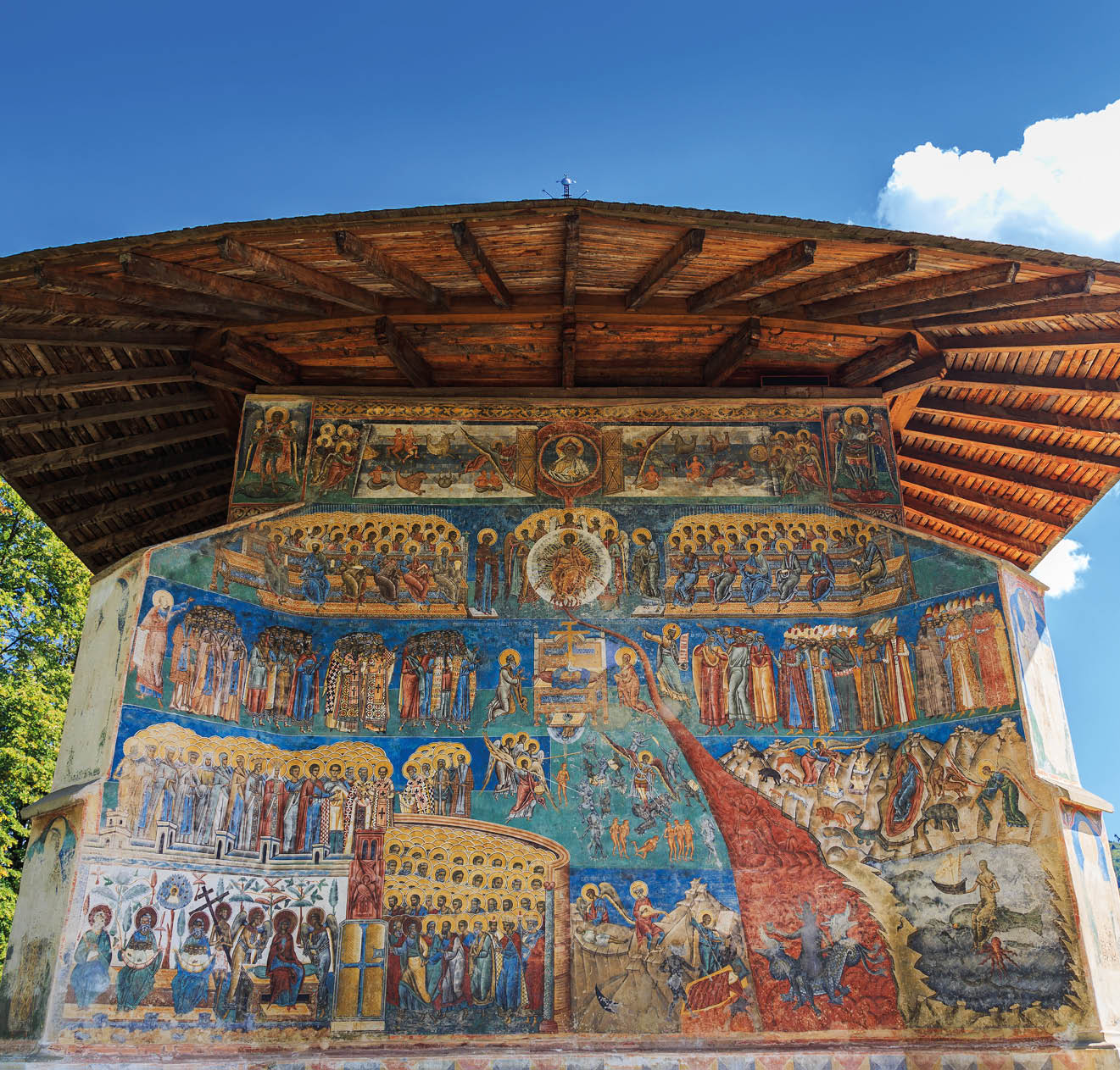 Voronet Monastery, Bucovina, Romania.The Last Judgment, painted on the exterior of the church.