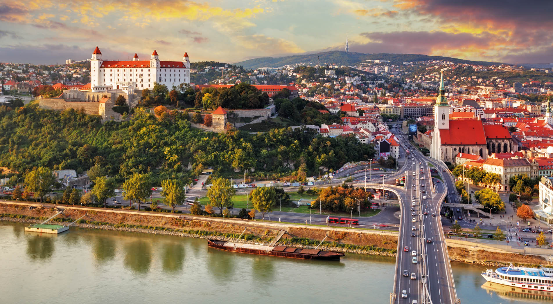 Bratislava at sunset - aerial view, Slovakia