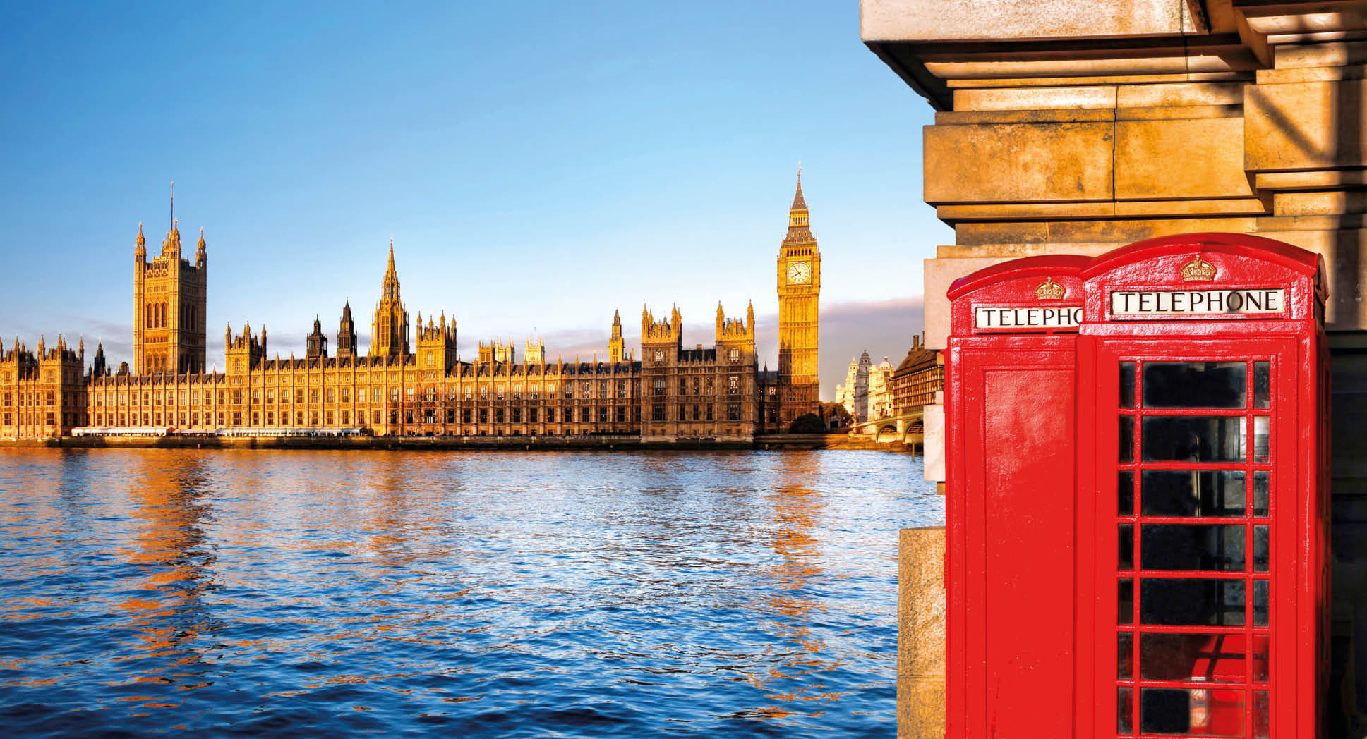 London symbols with BIG BEN and red PHONE BOOTHS in England, UK