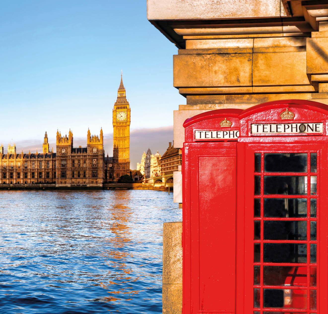 London symbols with BIG BEN and red PHONE BOOTHS in England, UK