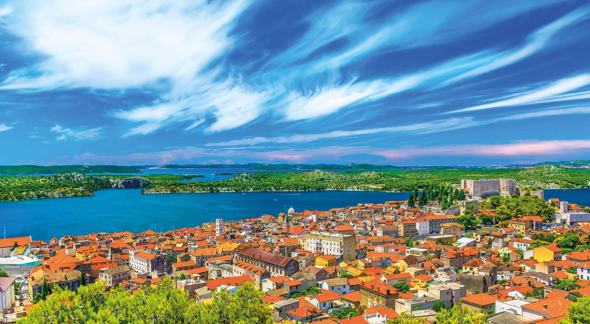 Aerial view at famous cityscape of old town Sibenik, UNESCO World Heritage Site in Dalmatia region, Croatia.