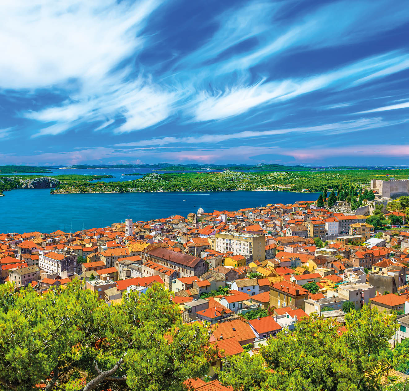 Aerial view at famous cityscape of old town Sibenik, UNESCO World Heritage Site in Dalmatia region, Croatia.
