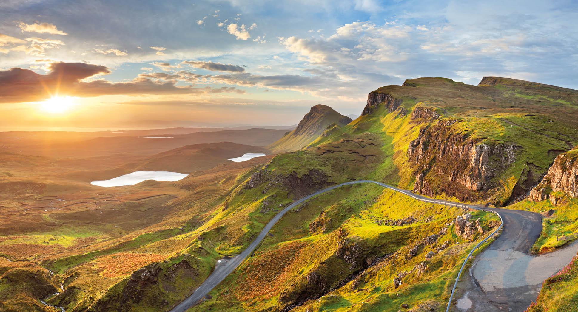 Beautiful light at Quiraing, Isle of Skye, Scotland. A seamlessly stitched panoramic image.