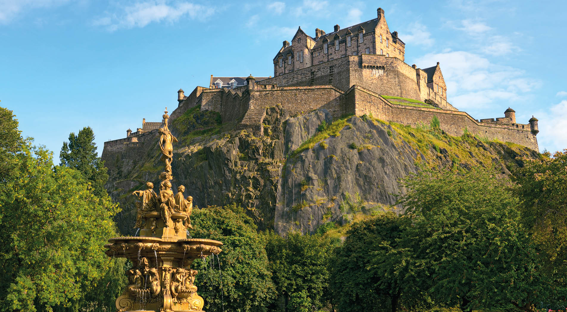 Edinburgh Castle, Scotland, from Princes Street Gardens, with the Ross Fountain in the foreground