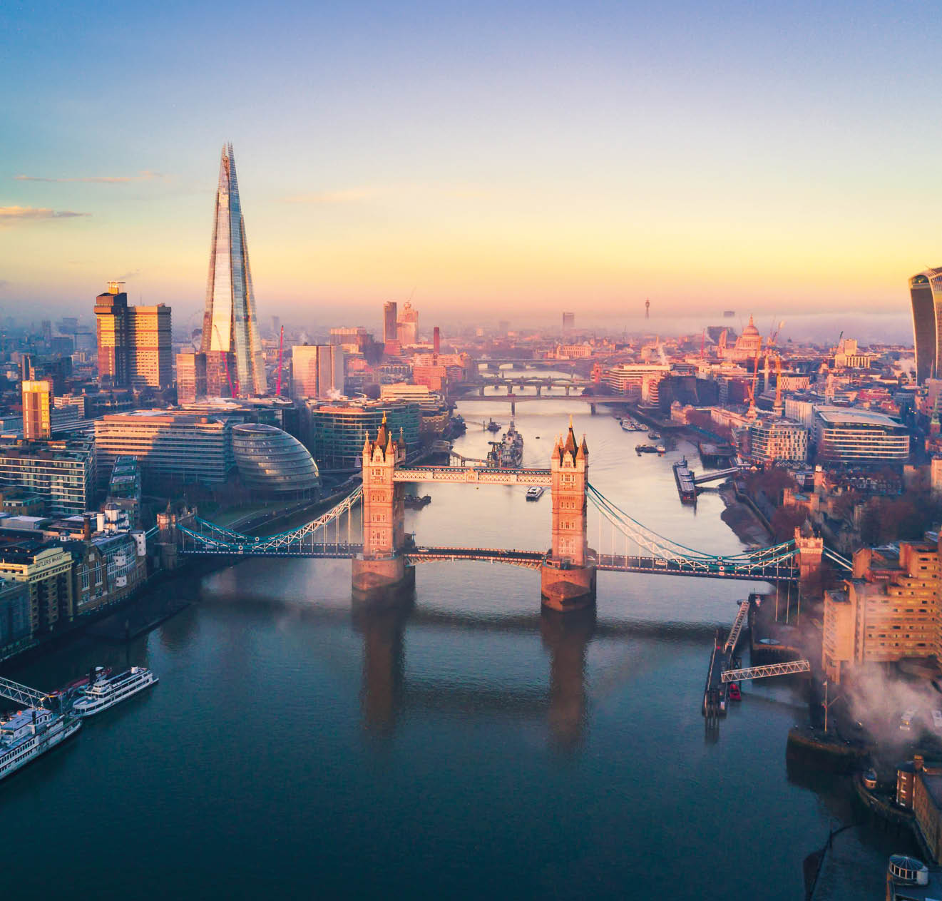Aerial view of London and the Tower Bridge, England, United Kingdom