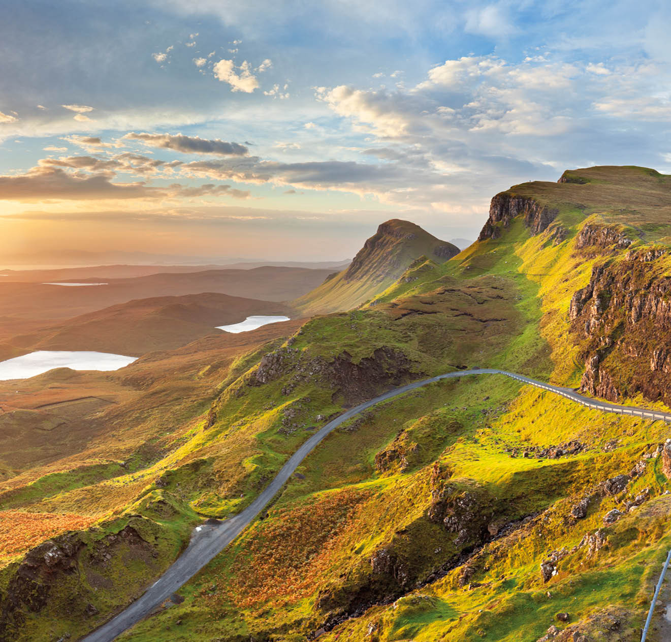 Beautiful light at Quiraing, Isle of Skye, Scotland. A seamlessly stitched panoramic image.