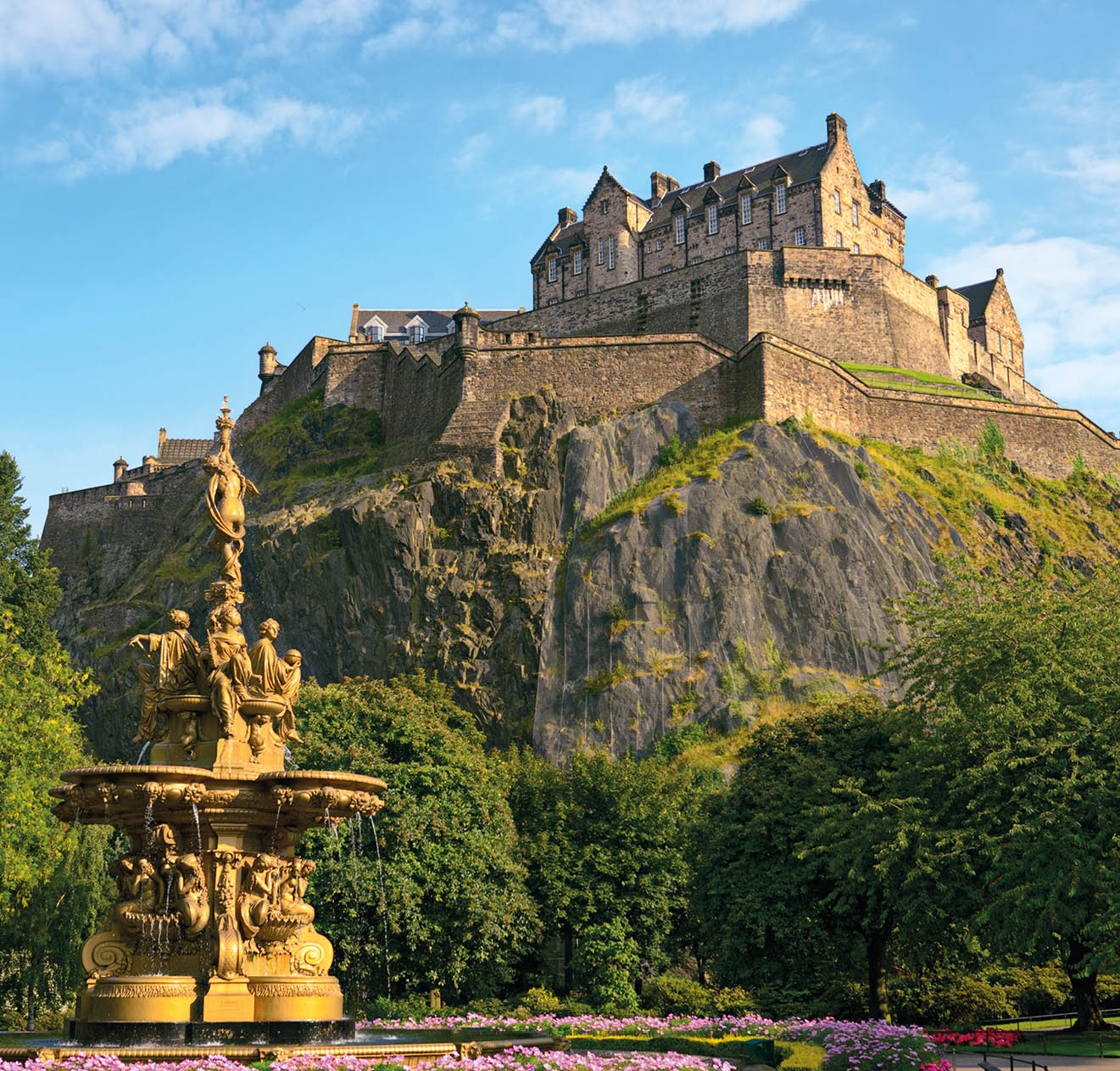 Edinburgh Castle, Scotland, from Princes Street Gardens, with the Ross Fountain in the foreground